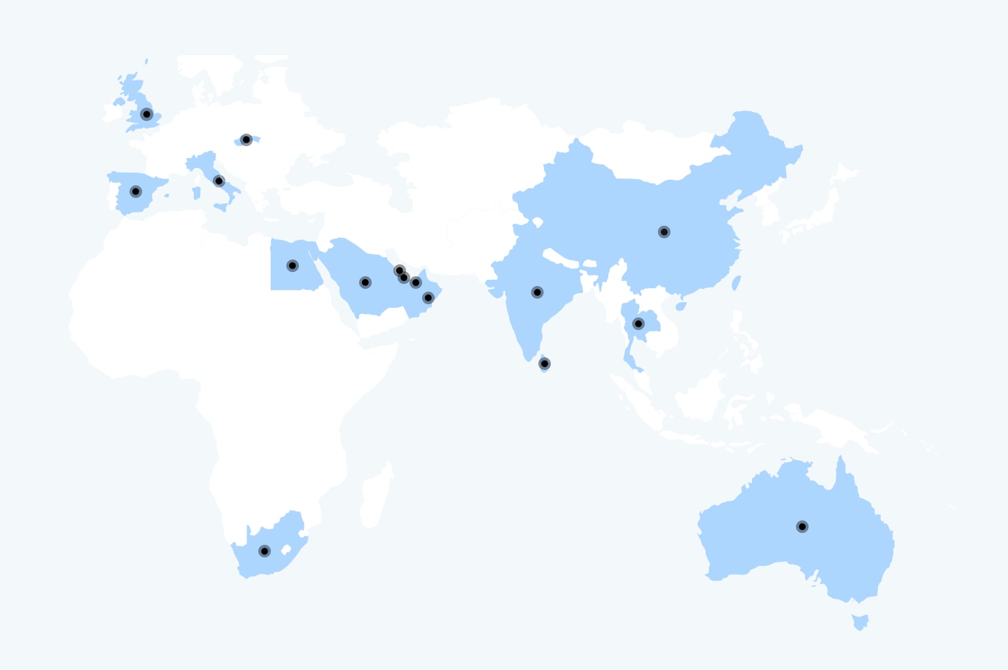 Map showing locations across Europe, Middle East and Asia, Africa and Oceania where Pearson Assessment Services support assessment delivery